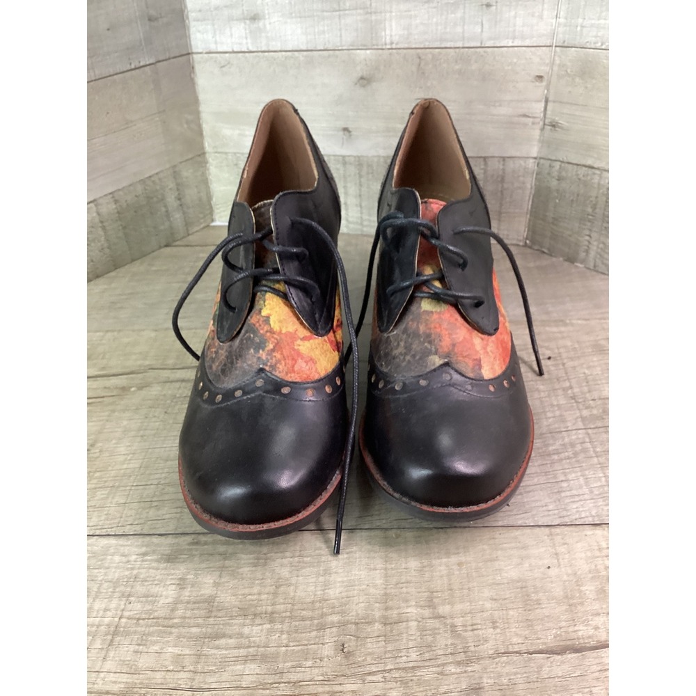 Spring Step LArtiste Women Black Leather Floral Wingtip Oxford Heels Size 40 - Picture 3 of 9